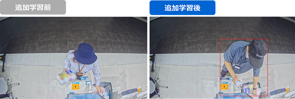 帽子をかぶった人物の画像データを大量に収集してSATLYSに追加学習を実施し、右のように認識精度を大幅に向上させた