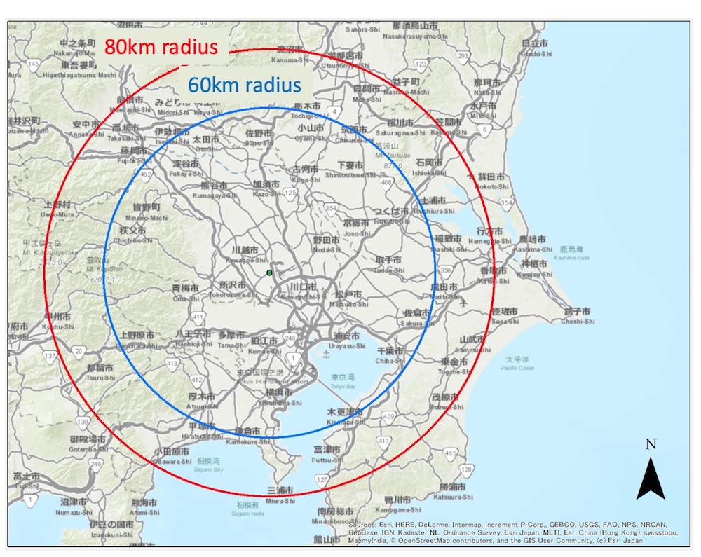 Observation range of the radar, which is located near Tokyo