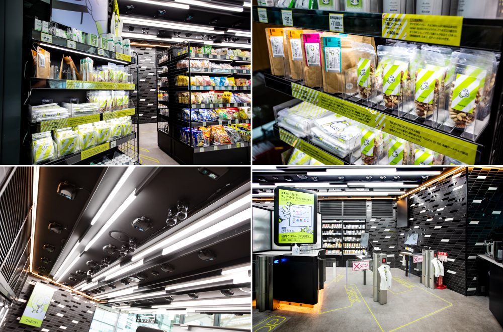 Inside the unmanned store. Weight sensors in display shelves and ceiling cameras automatically recognize products customers select and take payment at self-service checkouts. 