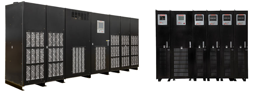 Toshiba G9400 Series 2MW UPS (left), 4400 SERIES 20kVA UPS, MBS, & Battery Cabinets (right)