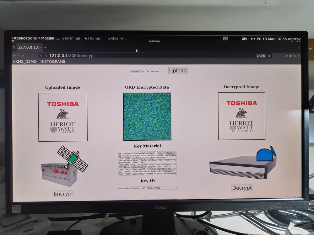 The team decrypted a logo image using quantum keys sent via free space and optical fiber, demonstrating interoperability with terrestrial quantum networks.