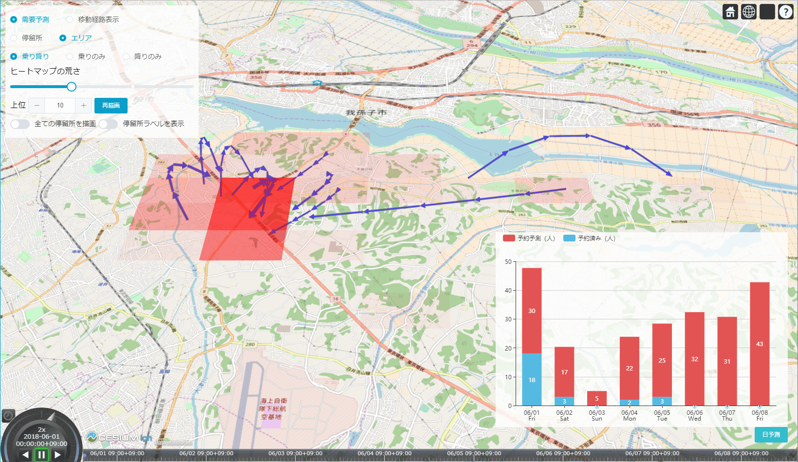 運行地域における需要レベルの高さを示した地図
