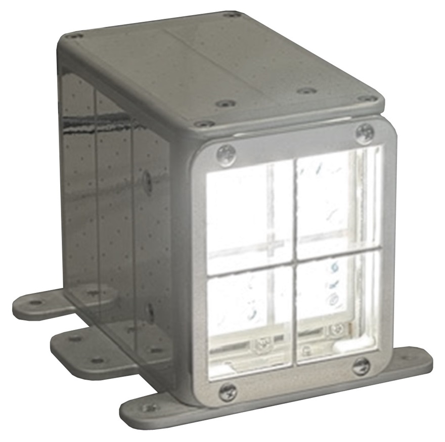 ISSの「きぼう」日本実験棟に採用されたLEDビデオライトユニット。明るさムラを抑制した配光設計と高い放射線耐性、高エネルギーによる高い保護設計を有している